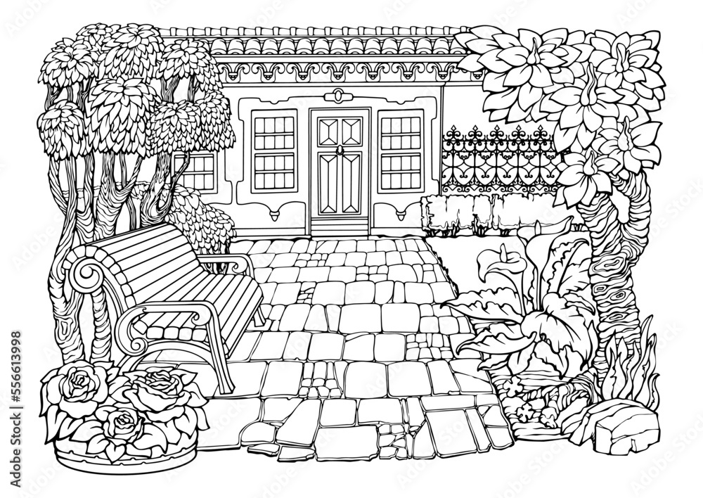 Naklejka premium Romantic old town. Coloring Pages. House, pavement, bench, plants. Vector.