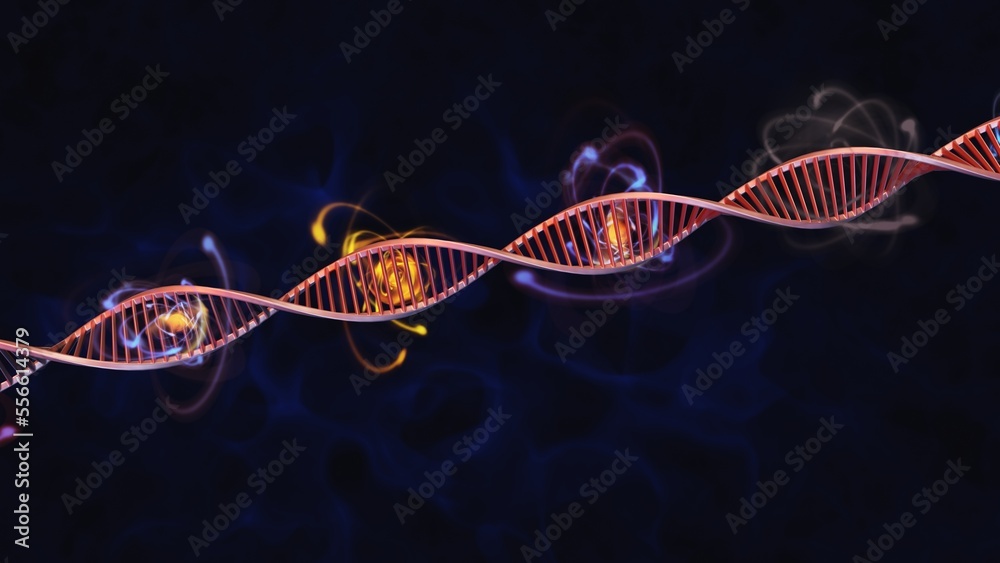 Quantum Biology. DNA with particles orbiting nucleus. Glowing subatomic