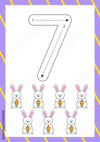 Easter flashcard how to write number seven. Worksheet for kids.