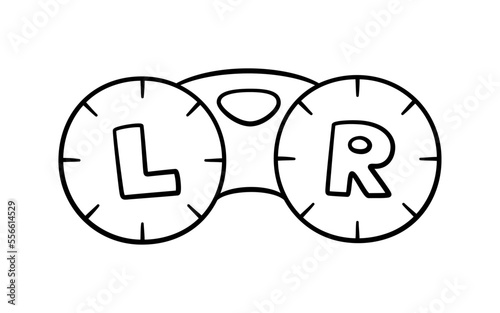 Hand drawn contact lenses container icon. Doodle contact lens box. Optometry doodle object. Vector illustration isolated on white background.