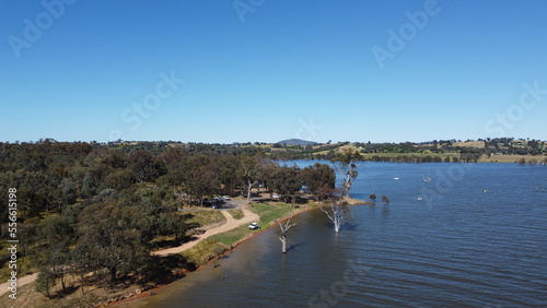 The aerial drone point of view photo at Bowna Waters Reserve is natural parkland on the foreshore of Lake Hume popular boat launching location in Albury, NSW ,Australia. photo