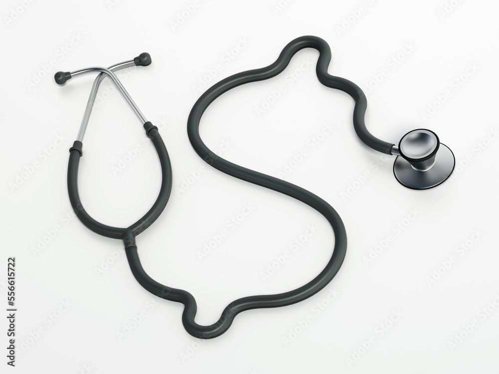 Stethoscope with Dollar symbol shaped cord. Medical costs and expenditures concept. 3D illustration Stethoscope with Dollar symbol shaped cord. Medical costs and expenditures concept. 3D illustration