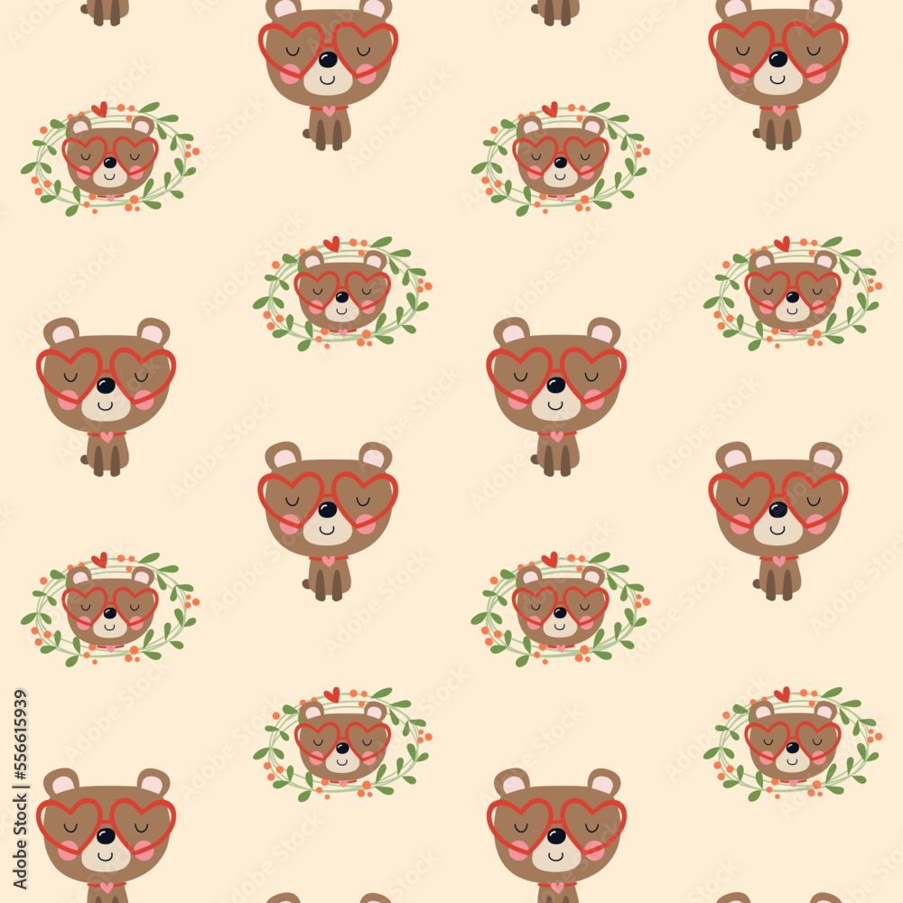 Seamless pattern of a teddy bear with heart-shaped glasses, full length and his face in a border of leaves
