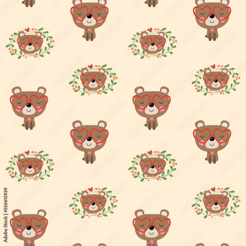 Fototapeta premium Seamless pattern of a teddy bear with heart-shaped glasses, full length and his face in a border of leaves