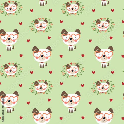 Seamless pattern of a puppy with heart-shaped glasses, full length and his face in a border of leaves