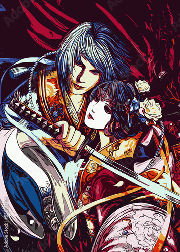 Samurai Loving Fantasy Illustration Poster Image