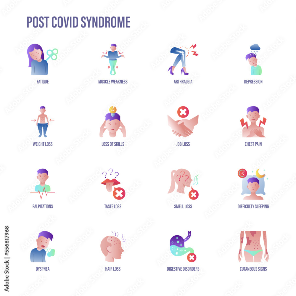 Post covid syndrome flat gradient icons set. Fatigue, muscle weakness, weight loss, insomnia, dyspnea, loss of skills, smell, taste, digestive disorders, arthralgia, hair loss. Vector illustration.