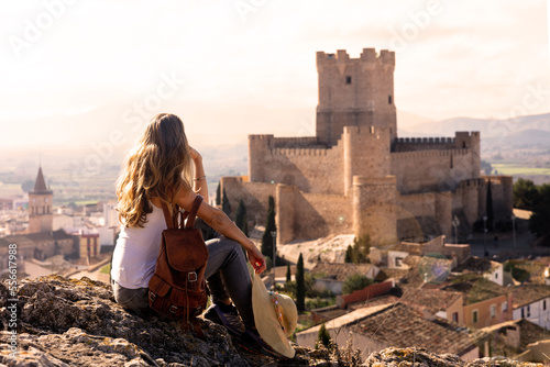 woman visiting Atalaya castle, Villena Castle in Costa Blanca Alicante Spain