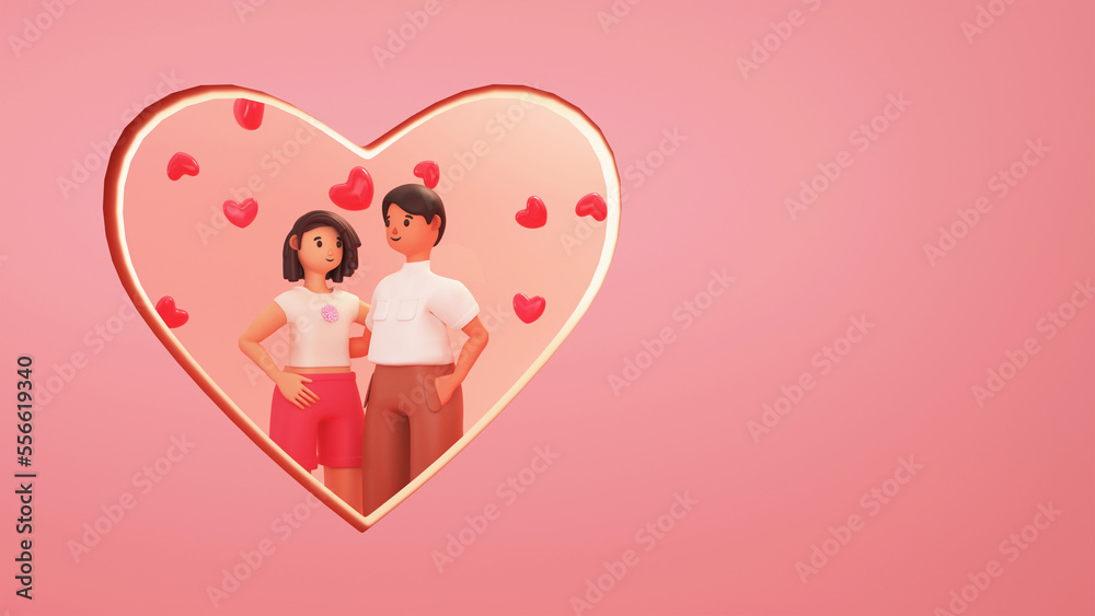 3D Render of Young Couple Hugging In Heart Shape Frame.