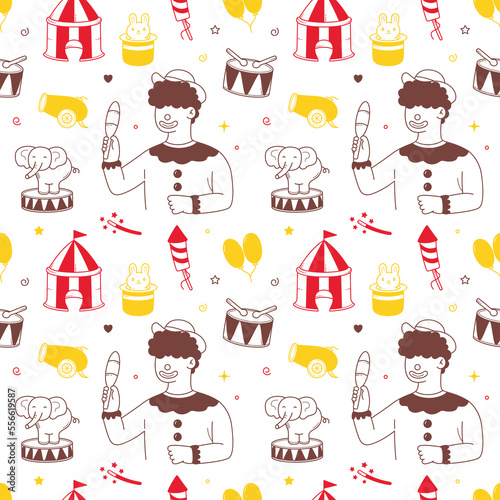 Circus doodle seamless background with circus tent animals and clown. Circus doodle hand drawn seamless pattern