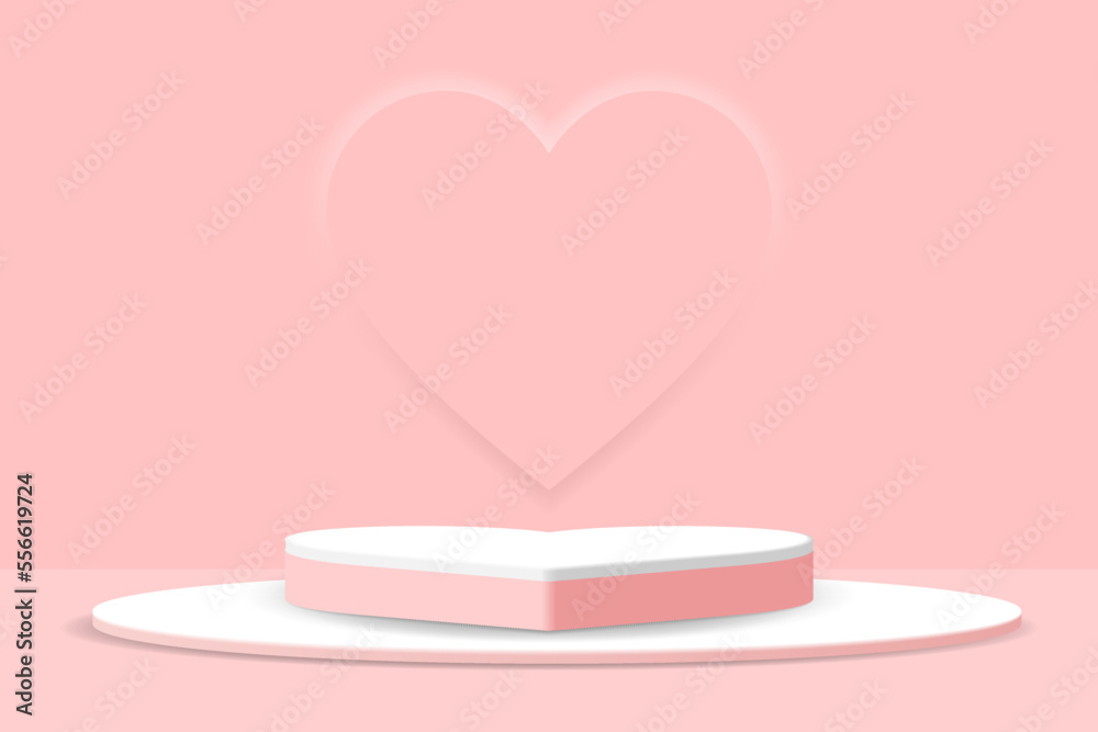 Realistic pink and white heart 3D cylinder pedestal podium with light pink heart shape. Happy Valentine's Day minimal scene for product display.