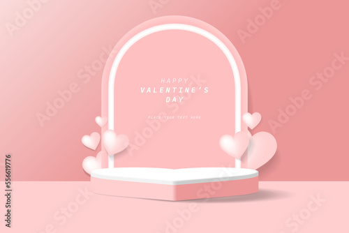 Realistic pink and white heart 3D cylinder pedestal podium with pink arch shape, illuminate neon and flying heart. Happy Valentine's Day minimal scene for product display.