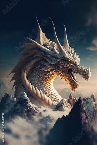 A stunning white dragon on a mountain top whilst overlooking the surrounding landscape.