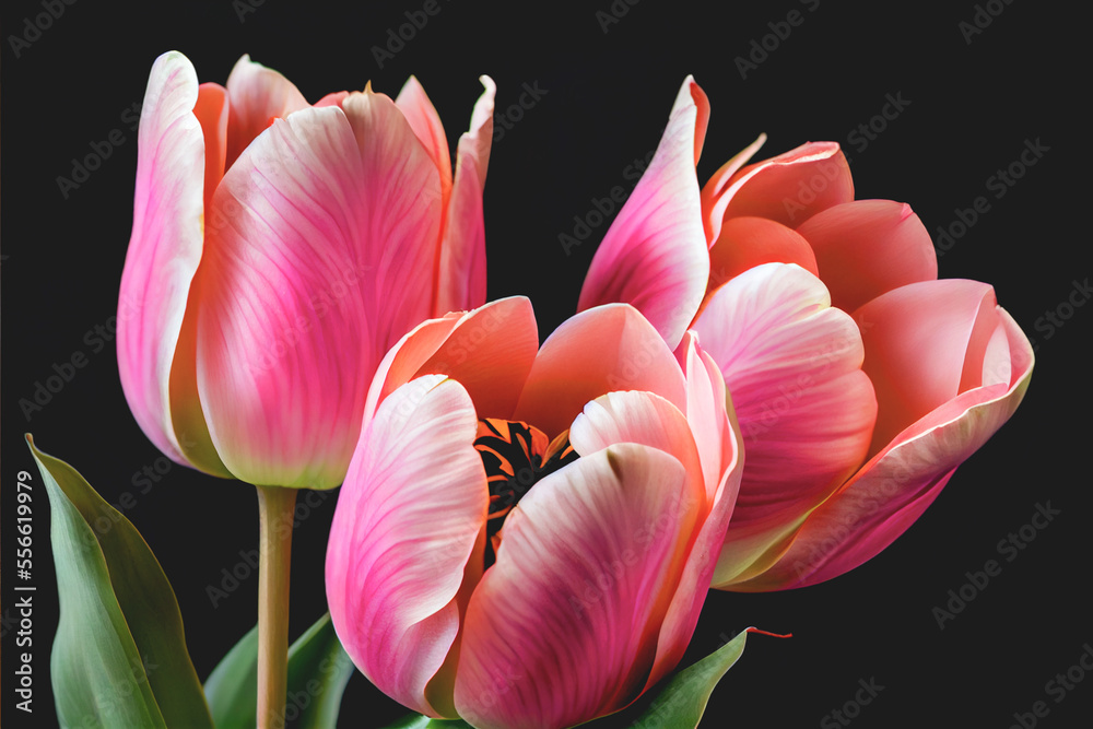 Bouquet of fresh, pink tulip flowers isolated on black with copy space. Ideal for projects. Bouquet of fresh, pink tulip flowers isolated on black with copy space. Ideal for projects.