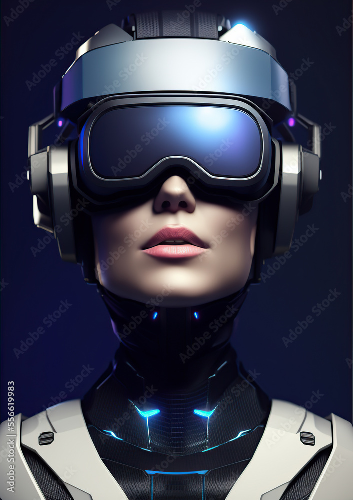 Portrait of a woman wearing vr headset. Digital illustration. Generative AI.