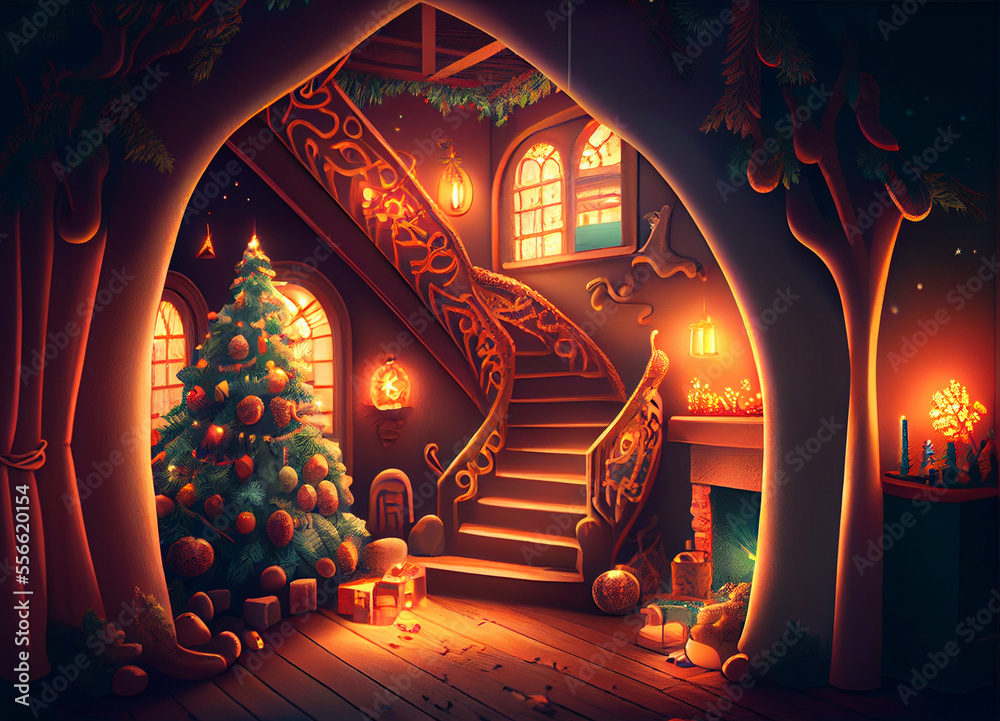 Obraz premium Christmas tree lights inside of a Wodden house