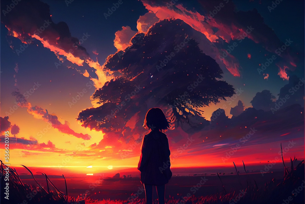 a girl standing in front of a sunset, anime aesthetic, anime, cinematic view a girl standing in front of a sunset, anime aesthetic, anime, cinematic view
