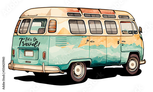 Watercolor retro travel van vector illustration lets go travel