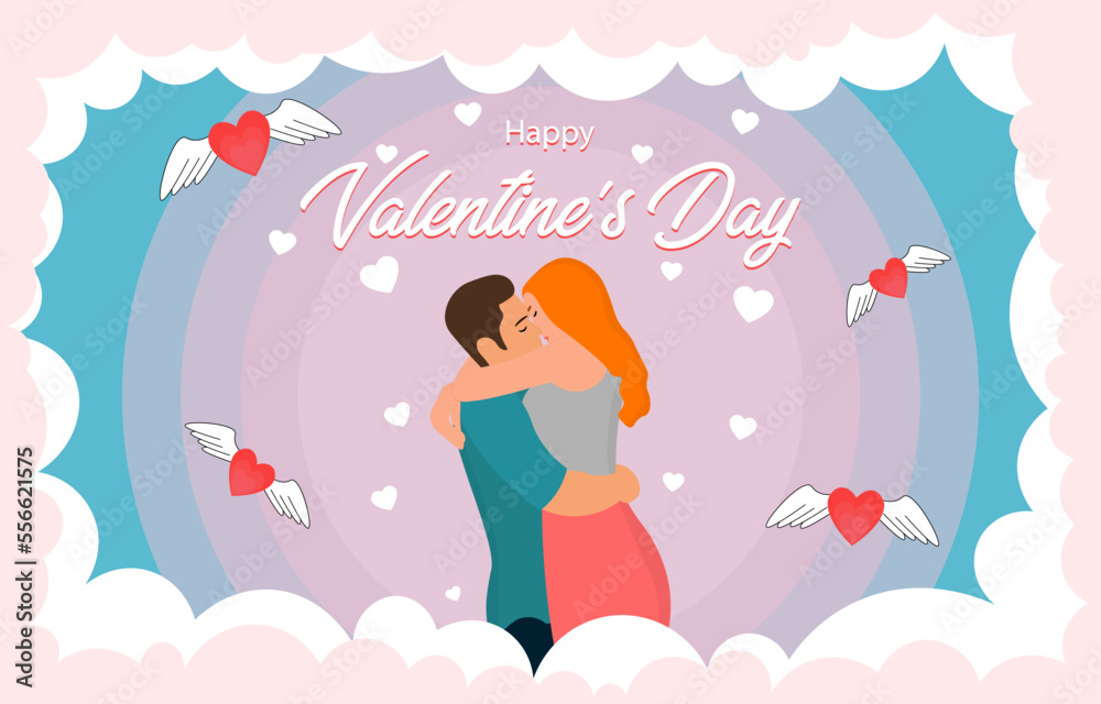 happy valentines day flat background with embracing and kissing couple on background from the clouds, white and flying hearts happy valentines day flat background with embracing and kissing couple on background from the clouds, white and flying hearts