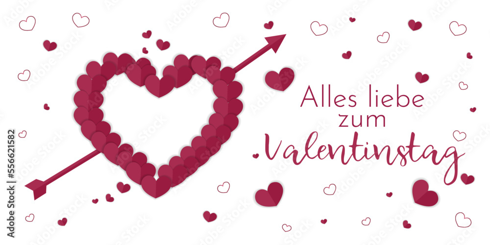Valentine's Day card, dark purple paper hearts on a white background. Alles liebe zum Valentinstag - German Text. Translation: Happy Valentine's Day