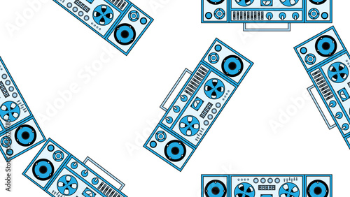 Seamless pattern endless with music audio cassette old retro tape recorders vintage hipster from 70s, 80s, 90s isolated on white background. Vector illustration