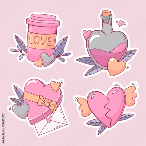 valentines day stickers a box of chocolates a broken heart a glass of coffee and a love potion