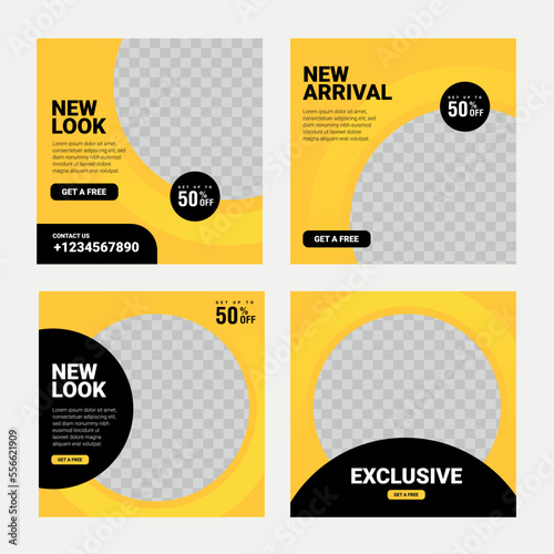Set of Editable square banner template. Black and yellow background color with stripe line shape. Suitable for social media post, and web internet ads. Vector illustration with photo college