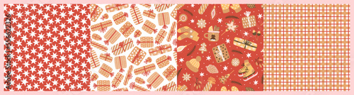 Seamless pattern for New Year and Christmas. Cute hand-drawn illustration with holiday mood. Cozy winter elements like gifts, stars and Santa.