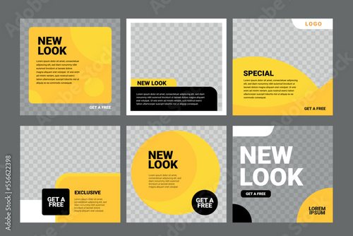 Set of Editable square banner template. Black and yellow background color with stripe line shape. Suitable for social media post, and web internet ads. Vector illustration with photo college