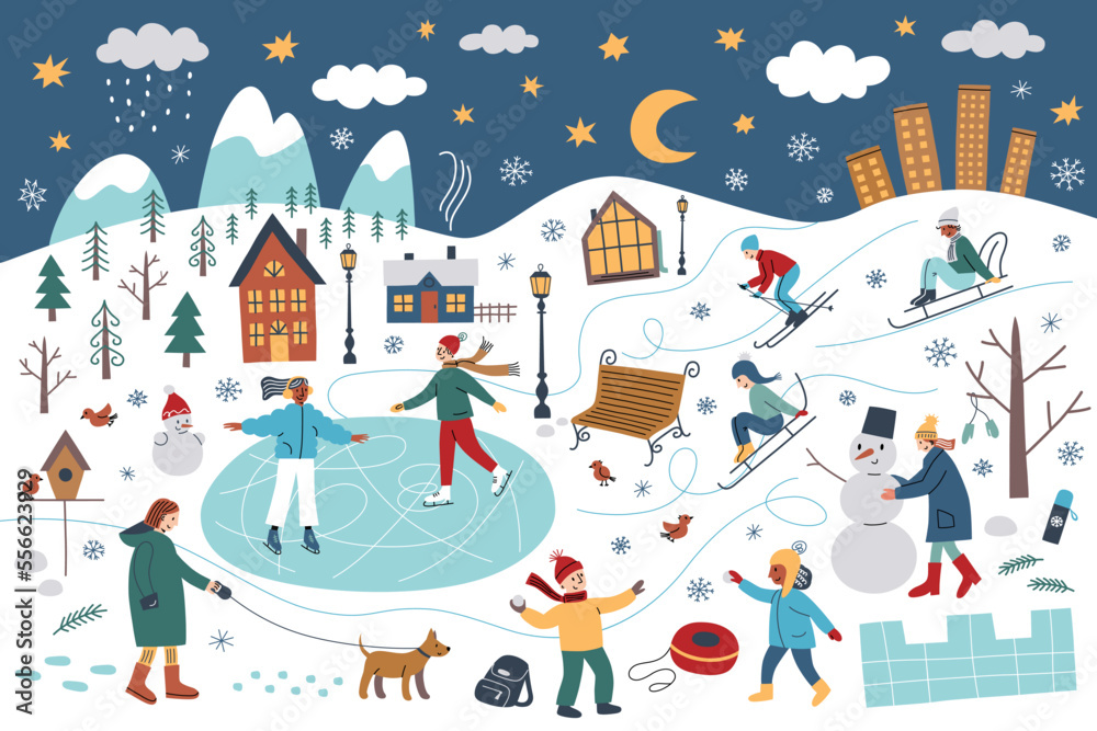 People having fun in winter park with snow, hand drawn landscape, doodle icons of trees, houses, vector illustrations of cartoon characters doing outdoor winter activities, countryside panorama People having fun in winter park with snow, hand drawn landscape, doodle icons of trees, houses, vector illustrations of cartoon characters doing outdoor winter activities, countryside panorama