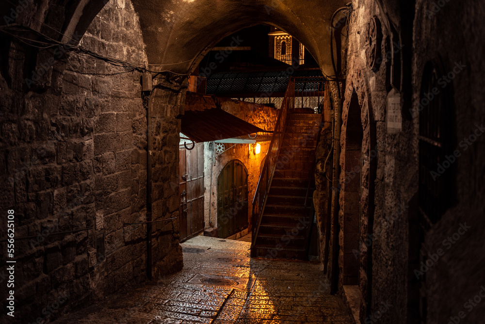 Jerusalem Old Town Streets with Night Light.
