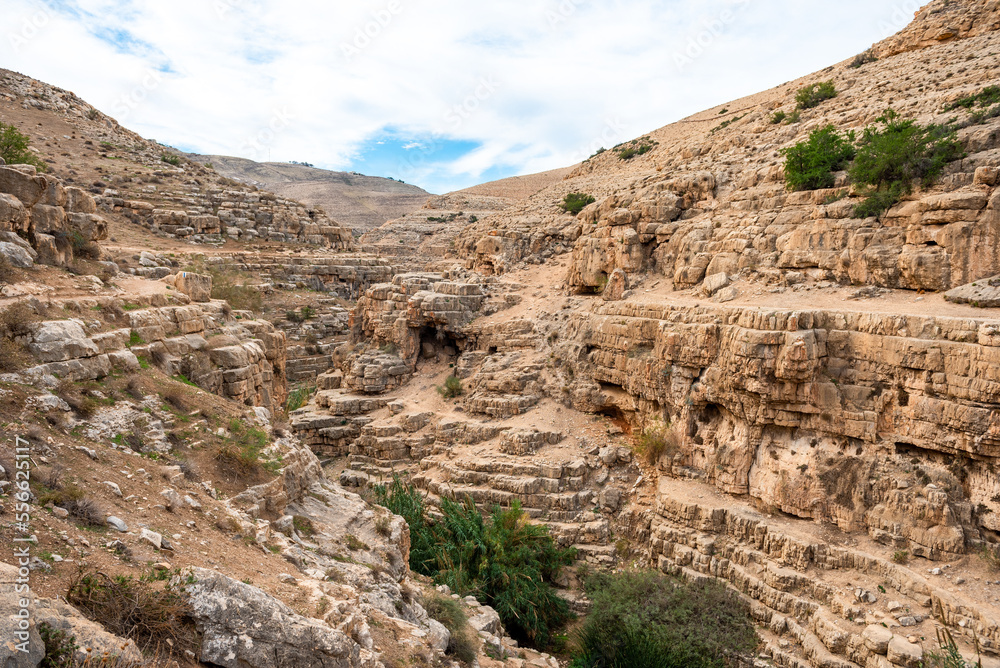 Prat River in Israel. Wadi Qelt valley in the West Bank, originating near Jerusalem and running into the Jordan River near Jericho and the Dead Sea. Nahal Prat, in Judaean Desert.