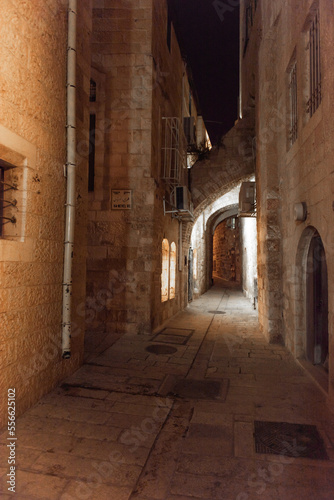Jerusalem Old Town Streets with Night Light. Israel. Night Sky