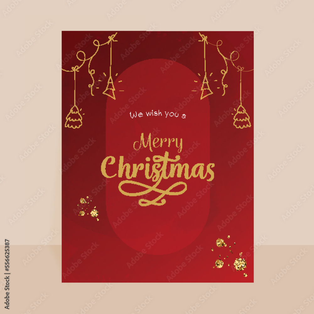 Merry Christmas Greeting Card With Line Art Xmas Tree Hang On Red Background.