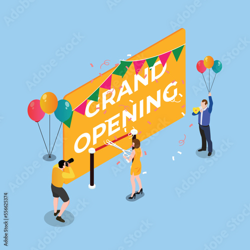 photographer taking photo of woman cutting red ribbon isometric 3d vector illustration concept for banner, website, illustration, landing page, flyer, etc.