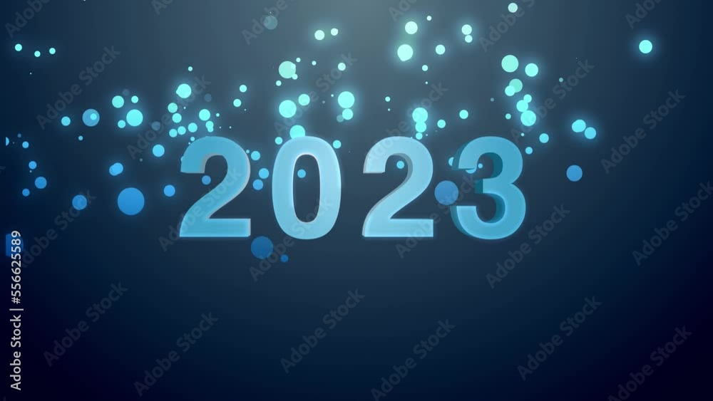 Happy New Year 2023 blue text. particles bokeh background new year resolution concept. Happy New Year 2023 blue text. particles bokeh background new year resolution concept.