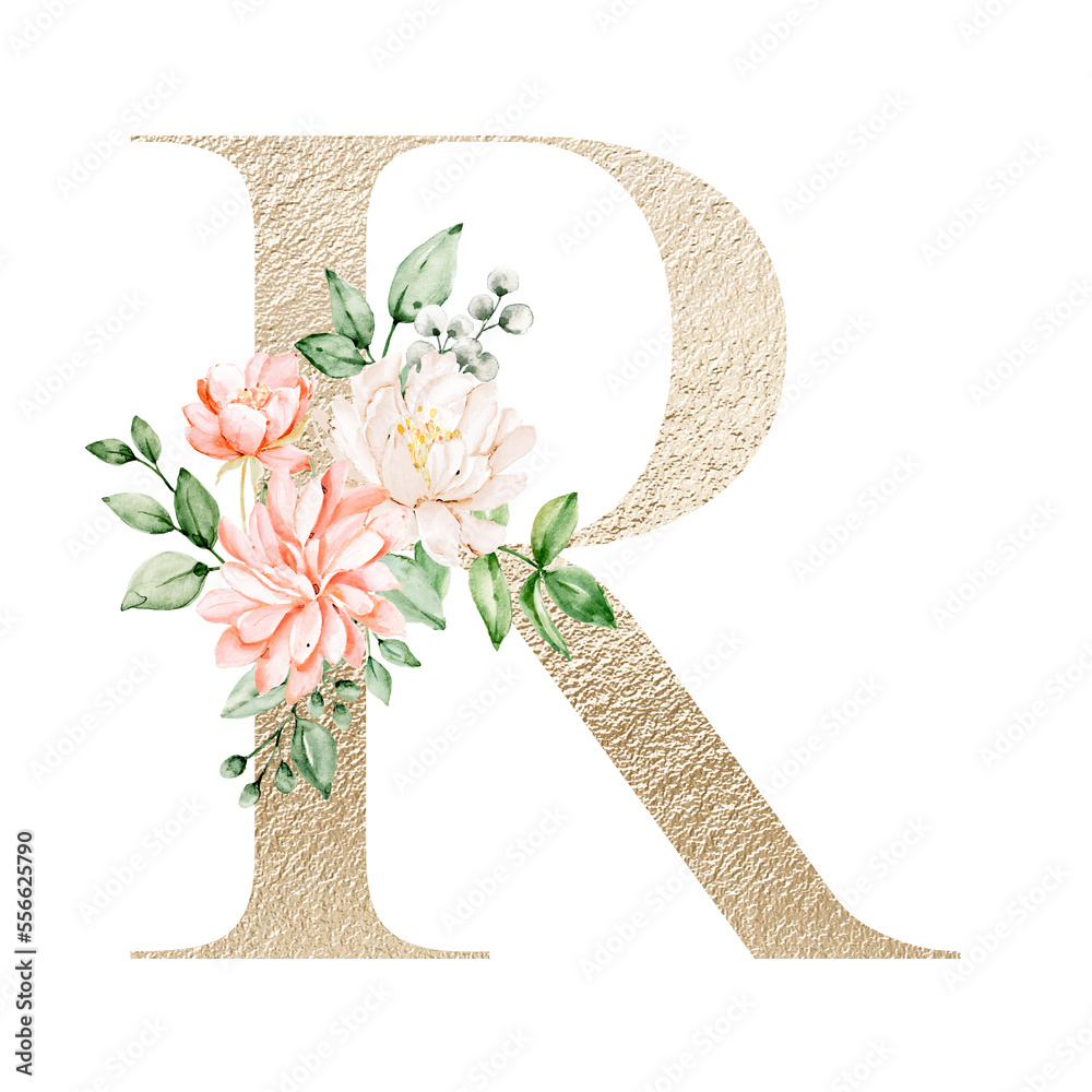 Floral alphabet, gold letter R with watercolor flowers and leaf ...