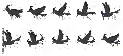 Crow attacking 2d animation sheets.crow with wizards hat.2D cartoon sprite sheet animation for video games.Black crow and blue colored wizard/witches hat on head.