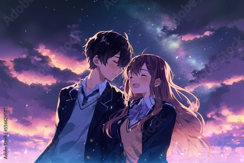 Cute couple in love. Romantic wallpaper. Anime style characters. AI