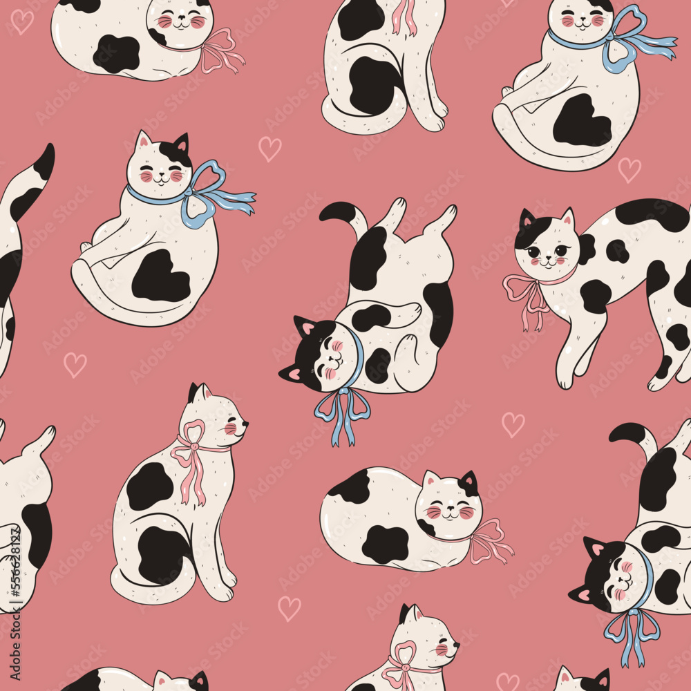 Seamless pattern with cute spotted cats. Vector graphics.