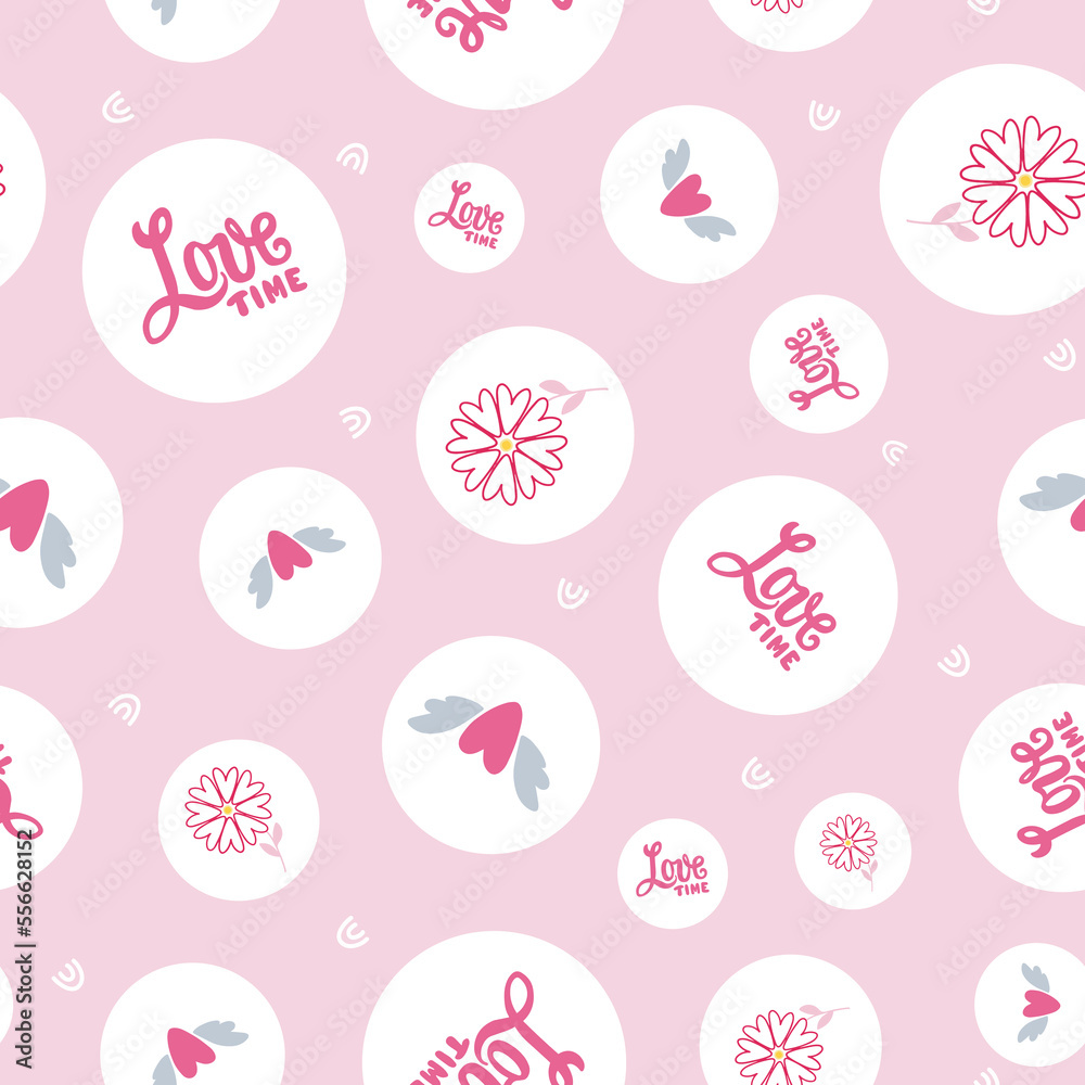 Polka dotted Love seamless pattern. Flying heart, flower and words Love time in the white bubbles on pink background. Polka dotted Love seamless pattern. Flying heart, flower and words Love time in the white bubbles on pink background.