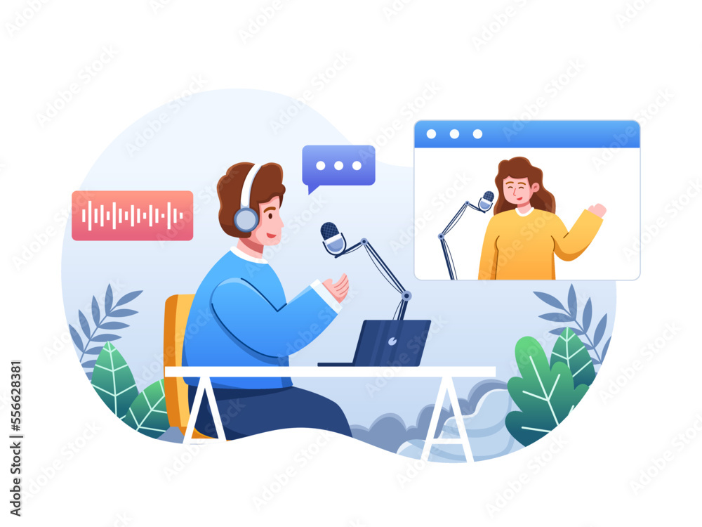 Obraz premium Illustration People talking and recording podcasts virtually. Two Characters Virtually Record Audio and on air. Recording podcast, broadcast virtual. Suitable for web, landing page, apps, animation