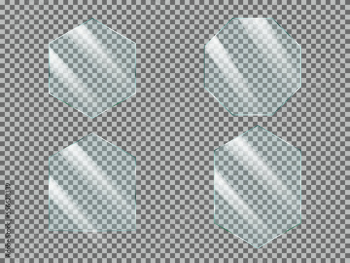 Set of reflective glass plate or banner. Realistic vector illustration isolated on transparent background.