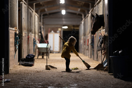 Girl sweeping illuminated stable with broom photo