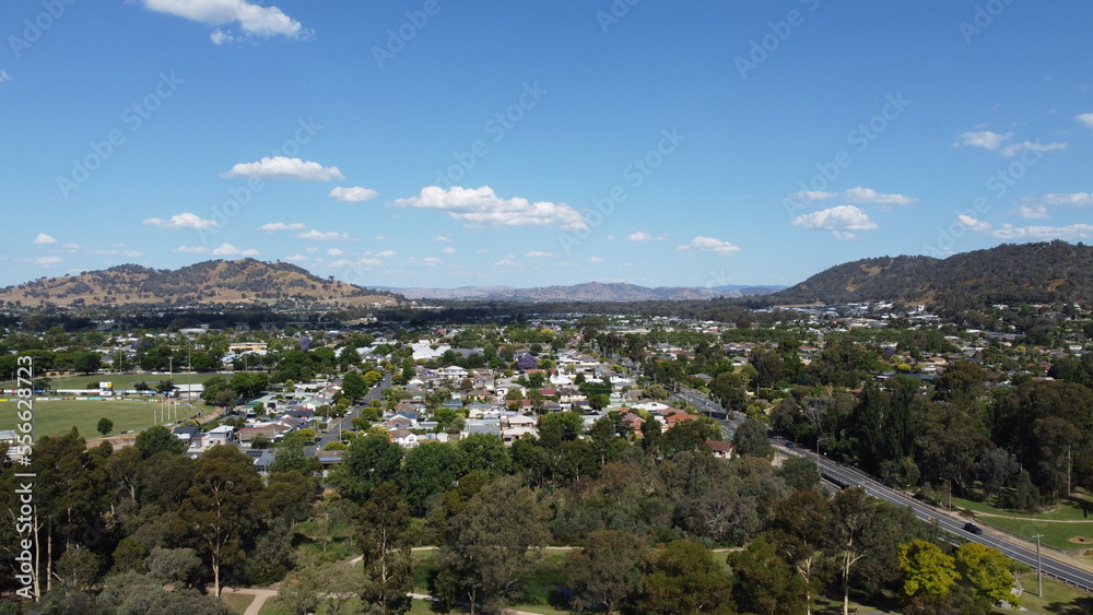 The aerial drone point of view photography of residential house aerial view at Wodonga is a city on the Victorian side of the border with New South Wale, Australia.