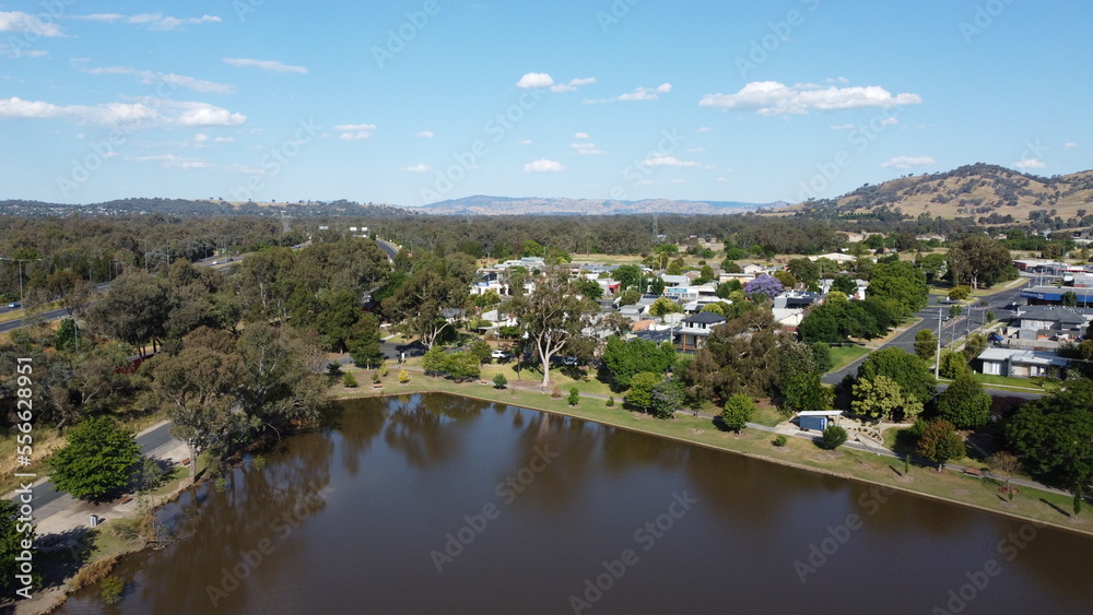 The aerial drone point of view in panoramic photography at Belvoir Park with lake abundant in Wodonga is a city on the Victorian side of the border with New South Wales.