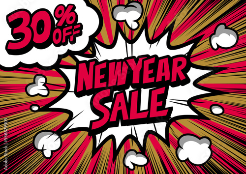 30%off New Year Sale retro typography pop art background, an explosion in comic book style.