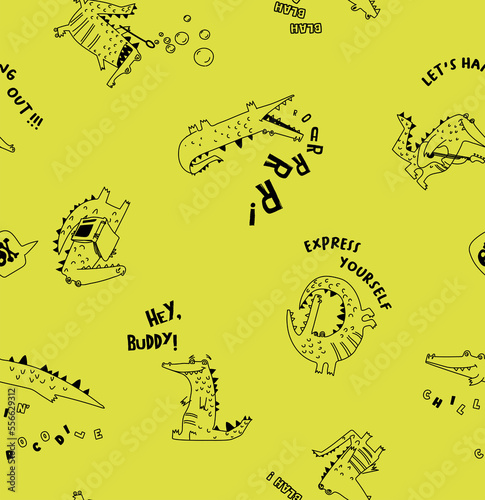 Cute cartoon hand drawn crocodile. seamless pattern with character silhouette alligator. Crocodiles in doodle style