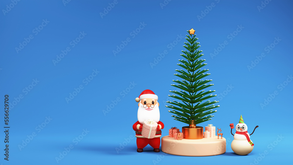 3D Render Of Santa Claus Holding Gift Box, Funny Snowman, Xmas Or Spruce Tree On Podium And Copy Space.
