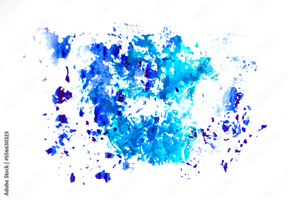 Dark blue and light blue ink blot on white background. Watercolor drawing